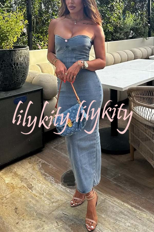 Cutie Denim Rosette Detail Corset Off Shoulder Stretch Maxi Dress