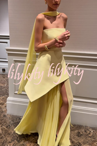 Monaco Off Shoulder Structured Top Chiffon Slit Hem Scarf Maxi Dress
