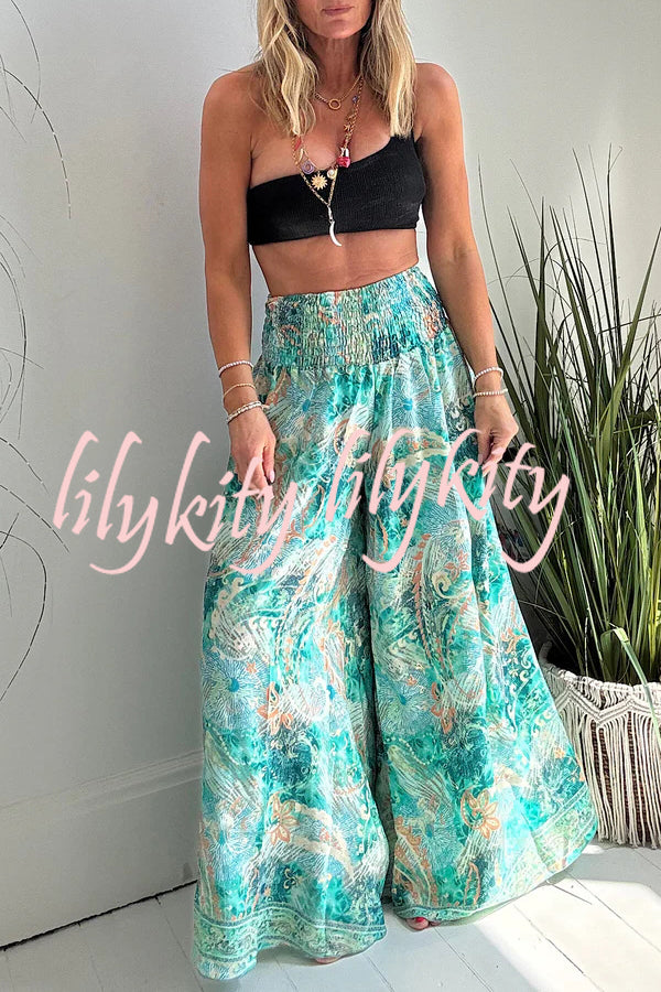 Stella Leopard Print High Rise Smocked Waist Pocketed Wide Leg Pants