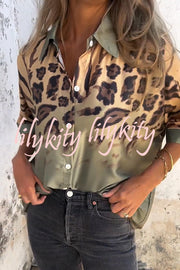 Classic Wild Satin Gradient Leopard Print Loose Short-sleeved Blouse