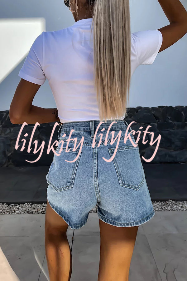 Fashion Rhinestone Loose Pocket Denim Shorts