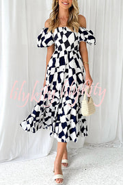 Petal Princess Unique Print Smocked Waist Puff Sleeve Midi Dress