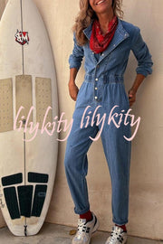 Carey Denim Button Up Long Sleeve Elastic Waist Pocketed Loose Jumpsuit