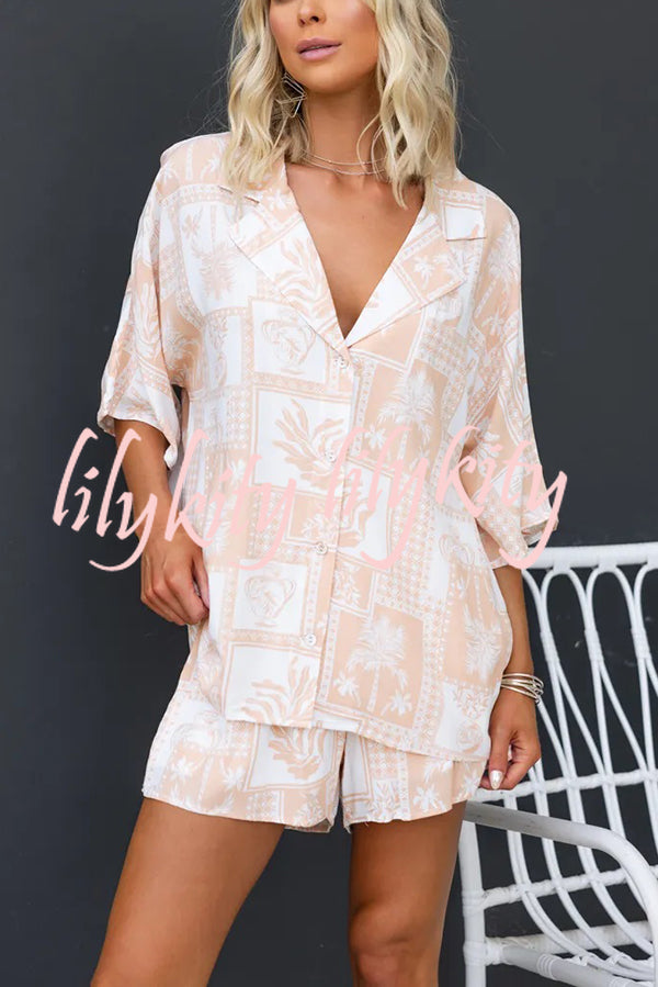 Viva La Travel Unique Print Loose Button Shirt and Elastic Waist Shorts Set