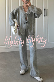 Solid Color V-neck Tie Long-sleeved Loose Knit Cardigan and Elastic Waist Casual Straight Leg Pants Set