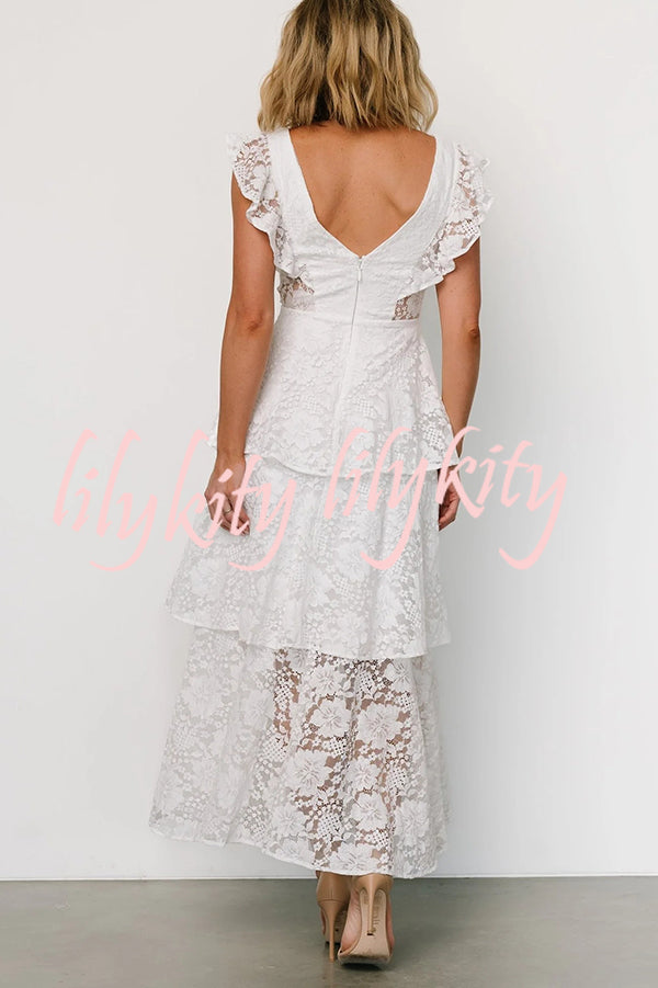 Solid V-neck Ruffled Sleeves Cinched Waist Maxi Dress