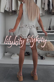 Angie Embroidery Cut-out Sleeveless Top and Elastic Waist Loose Shorts Set