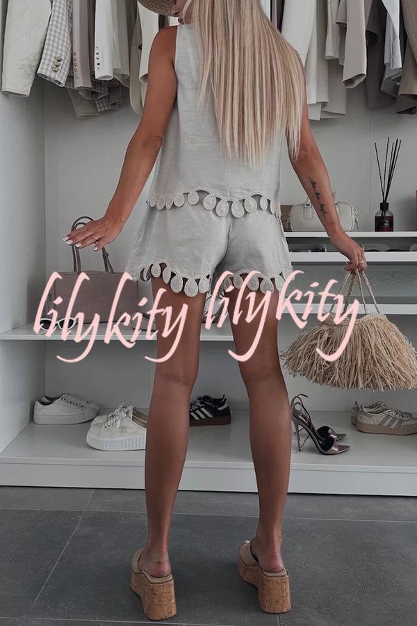 Angie Embroidery Cut-out Sleeveless Top and Elastic Waist Loose Shorts Set