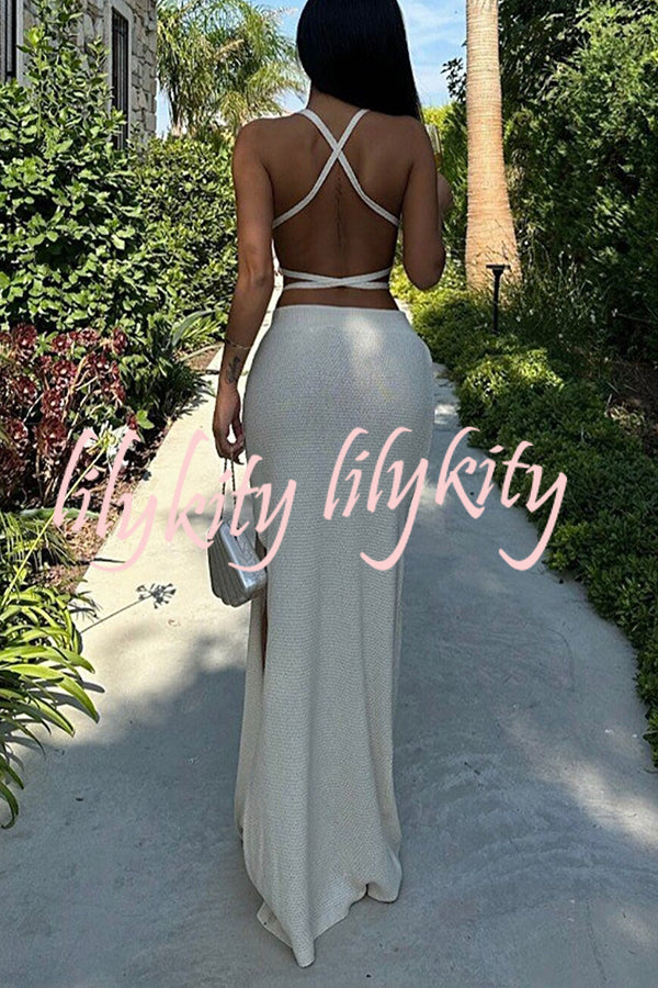 Solid Color Sexy Lace-up Swimsuit and Knitted Elastic Slit Beach Maxi Skirt Set