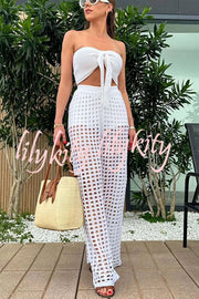 Riley Knit Front Knotted Bandeau and Stretch Hollow Out Wide Leg Pants Set