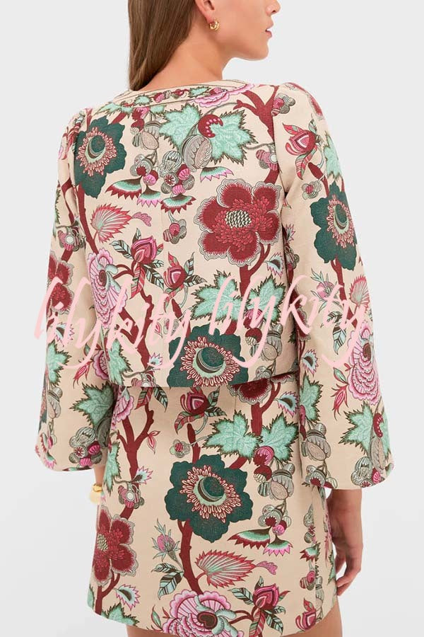 Autumn Garden Printed V-neck Long Bell Sleeve Top and Mid Rise Skirt Set
