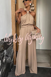 Fashionable Unique Look Halter Shirt Collar Pocketed Wide Leg Jumpsuit