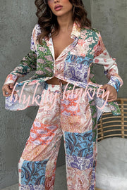 Unique Ethnic Print Long-sleeved Shirt and Elastic Waist Pants Set