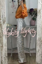 Glitzy Glamour Sequin High Rise Elastic Waist Wide Leg Pants