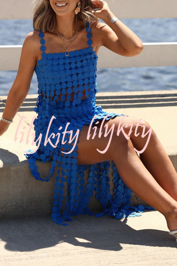 Caitlin See Through Circle Embroidery Square Neck Tassle Hem Slip Tank
