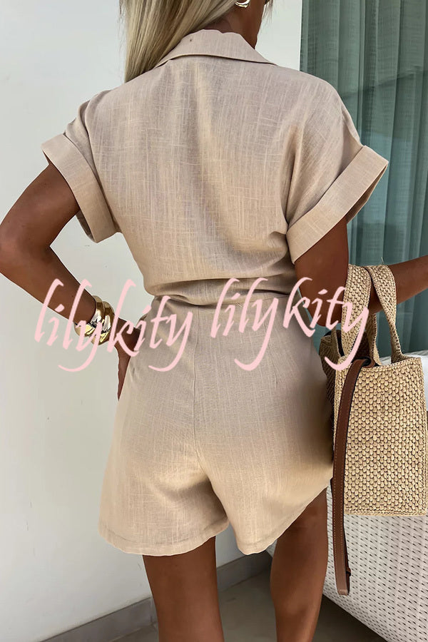 Relaxing Beach Linen Blend Solid Color Wrap Loose Shirt Romper