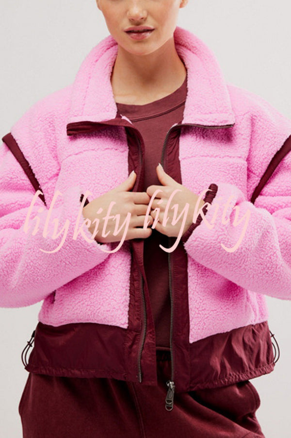 Stylish Patchwork Stand Collar Sherpa Zipper Jacket