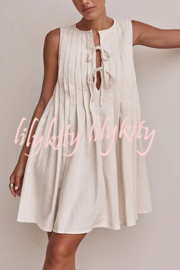 Solid Sleeveless Lace-up Loose Pleated Mini Dress