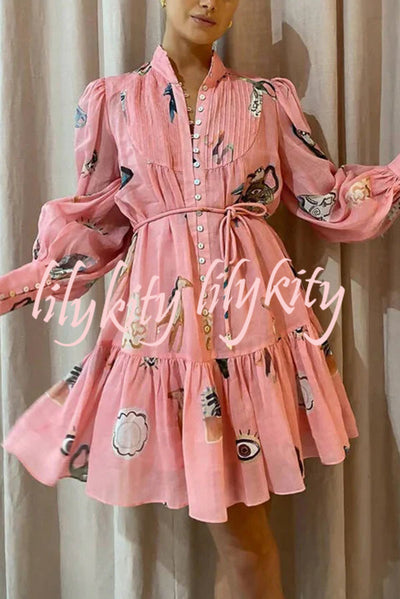 Unique Print Single Breasted Balloon Sleeve Tie Waist Ruffled Mini Dress