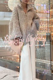 Warm Shining Heart Knit Sequin Balloon Sleeve Zipper Neck Loose Cardigan