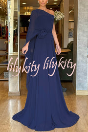 Iriena Chiffon One Shoulder Rose Decoration Waist Formal Maxi Dress