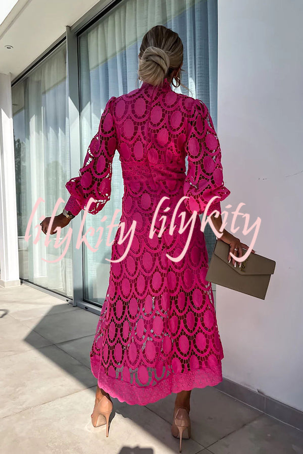 Romantic, Sensual and Elegant Crochet Lace Lantern Sleeve Party Midi Dress