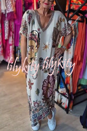 Fashion Printed V-neck Short-sleeved Casual Loose Maxi Dress