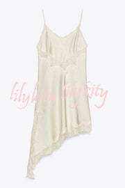 Satin Lace Trim V-neck Asymmetrical Hem Slip Mini Dress