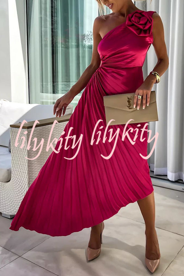 Romantic Nights Satin Raised Flower Elastic Cutout One Shoulder Pleated Maxi Dress