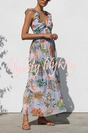 Unique Printed V-neck Ruffled Straps Pleated Back Maxi Dress