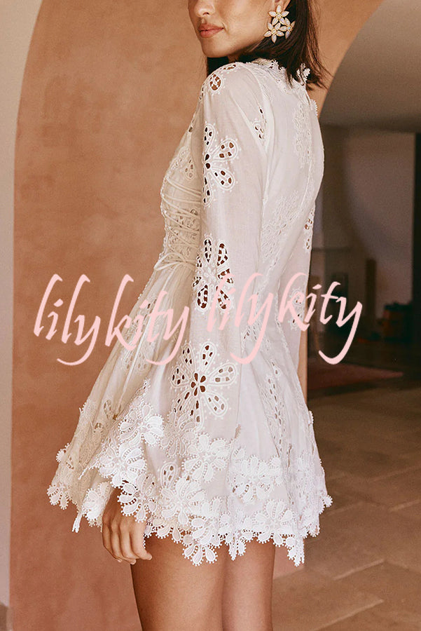 Diaz Embroidery Hollow Fabric Delicate Flower Trim Long Sleeve Side Lace-up Mini Dress