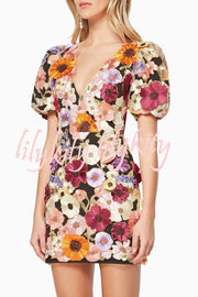 Garden Gala Embroidered Floral Applique Puff Sleeve Mini Dress