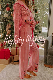Nutcracker Charm Embroidered Gingham Loose Shirt and Elastic Waist Pajama Set