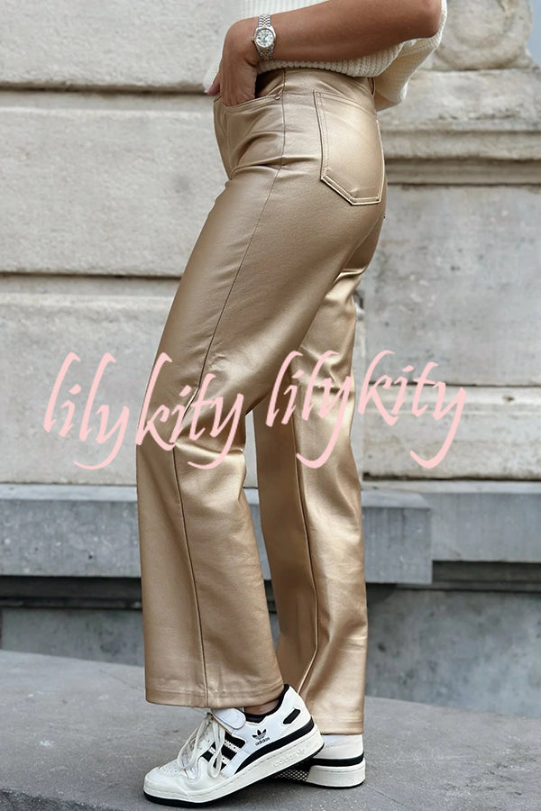 Stylish Metallic Fabric Pocket Casual Straight Wide-Leg Pants
