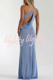 Elissa Glitter Fabric One Shoulder Asymmetrical Cutout Stretch Maxi Dress