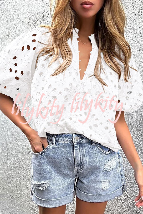 Hollow Embroidered Lace V-neck Buttoned Lantern Sleeve Blouse