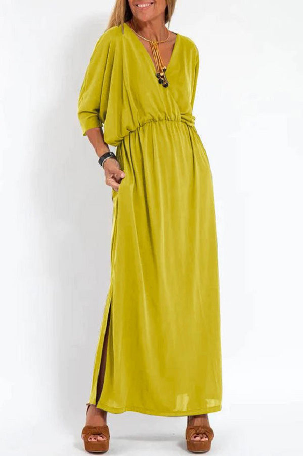 Ultimate Comfort Elastic Waist Half Sleeve Pocketed Slit Maxi Dress