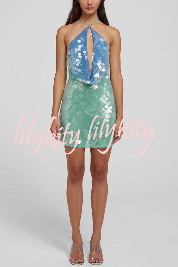 Fashion Sexy Sequined Backless Halter Neck Slim Fit Mini Dress