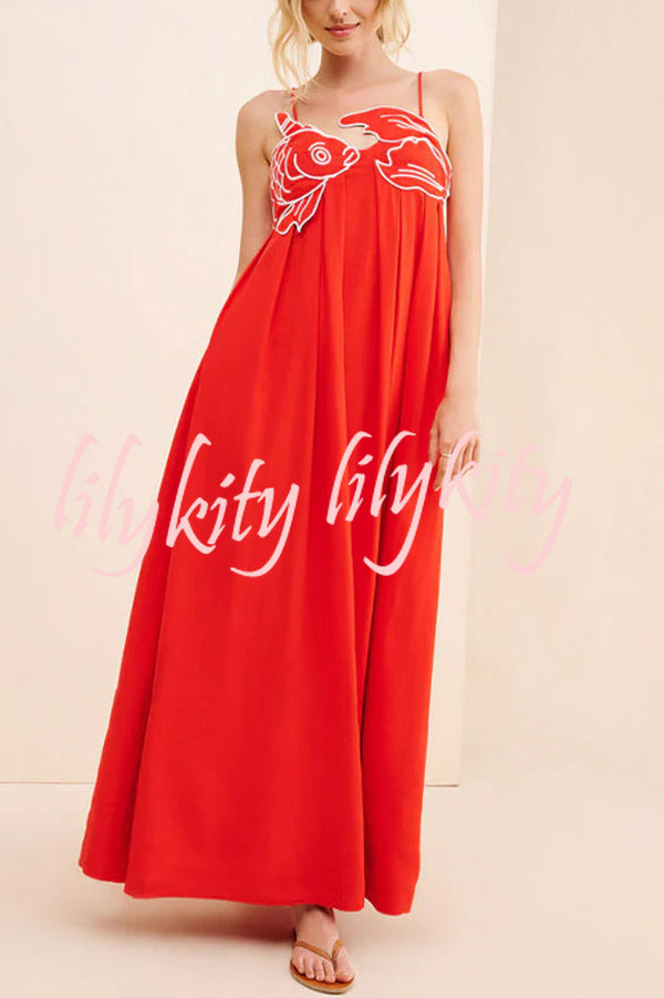 Red Fish Embroidered Sling Backless Maxi Dress