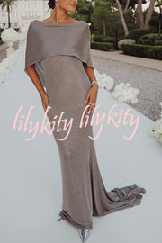 Fit and Elegance Fine Shimmering Fabric Open Cowl Back Draped Neckline Maxi Dress