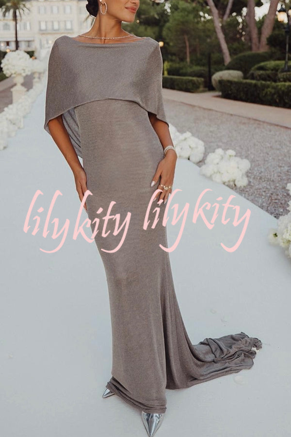 Fit and Elegance Fine Shimmering Fabric Open Cowl Back Draped Neckline Maxi Dress