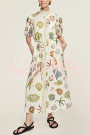 Beach Shell Print Puff Sleeve Tie-Waist Casual Midi Dress