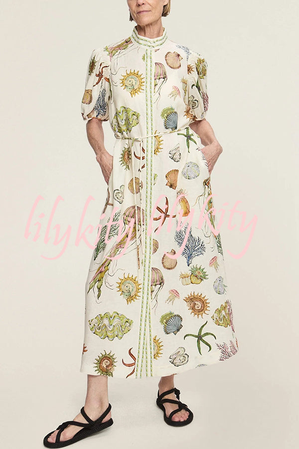 Beach Shell Print Puff Sleeve Tie-Waist Casual Midi Dress