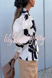 Sunny Sangria Unique Printed Puff Sleeve Waist Tie Lapel Jacket