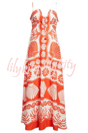 Beautiful Shell Unique Print Front Lace-up Loose  Maxi Dress