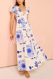 Embrace The Glamour Linen Blend Unique Print Puff Sleeve Pocketed Maxi Dress