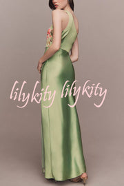 Wedding  Guest Satin Floral Print One Shoulder Side Slit Maxi Dress