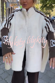 Fashion Sports Stripe Print and Ribbed Embroidered Long Sleeve Zipper Stand Nack Pocket Plush Coat