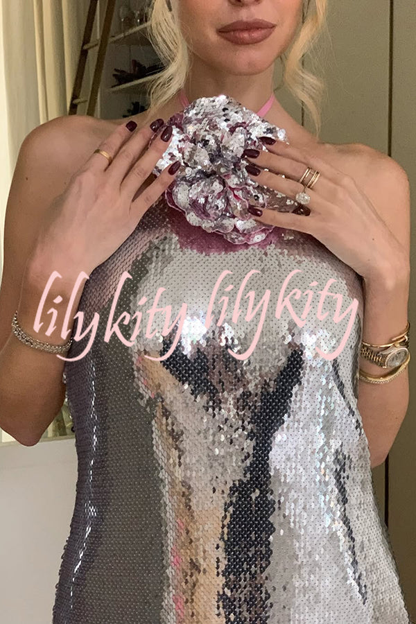 Moonlit Blooms Sequin Floral-appliqué Halter Neck Slit Gown Maxi Dress