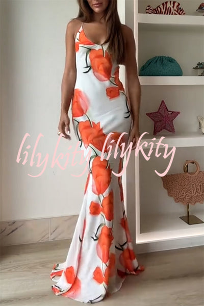 Charming Tulip Print Backless Crisscross Straps Flare Scarf Maxi Dress
